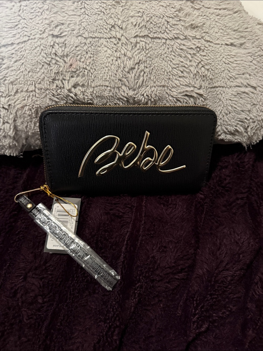 Bebe Black Zip-Around Wallet with Gold Script Logo NWT